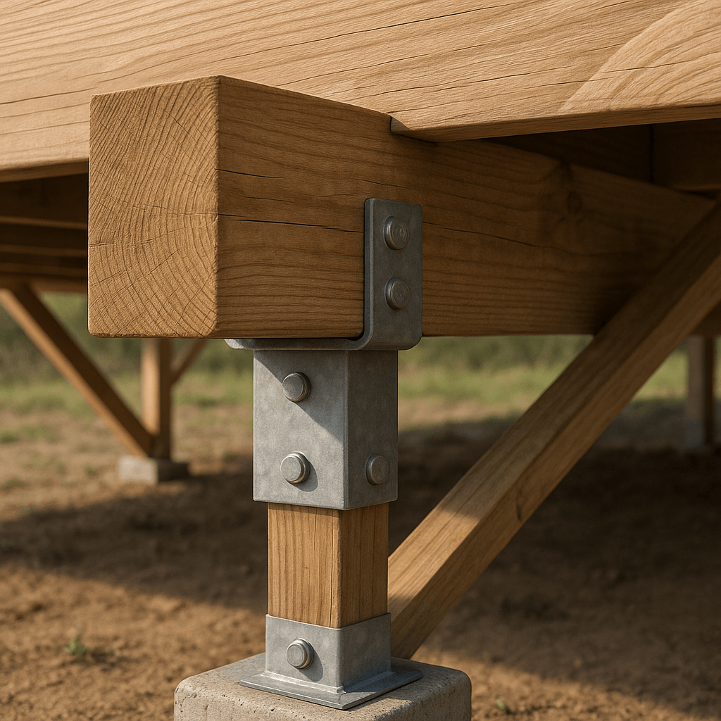 Solive en bois appuyée sur une poutre et un poteau fixé sur une platine au-dessus d’une fondation en béton