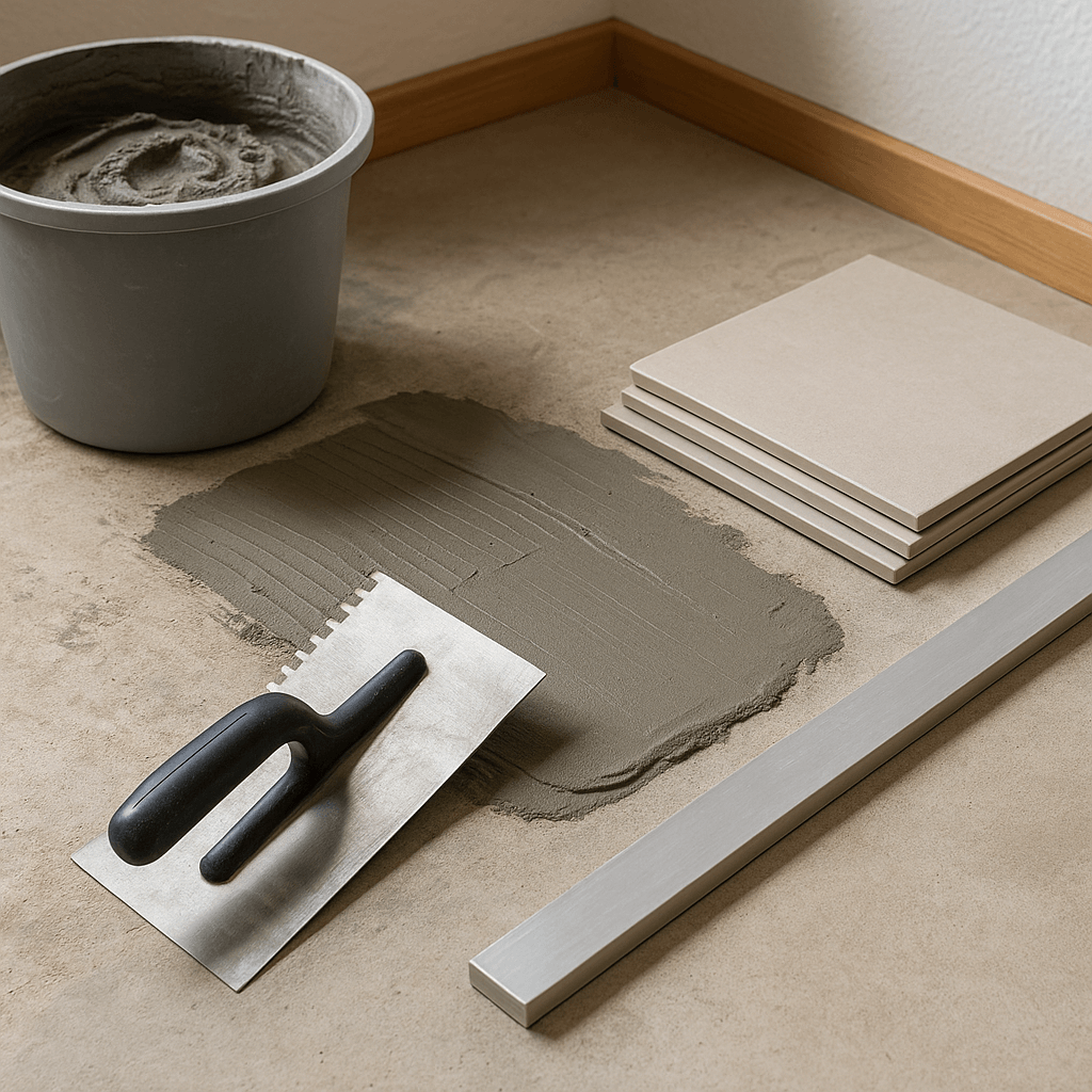 Support de sol préparé avec carreaux, platoir et règle avant la pose collée