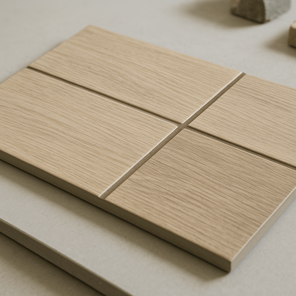 Panneau d’échantillons montrant plusieurs teintes de joint sur des carreaux imitation parquet