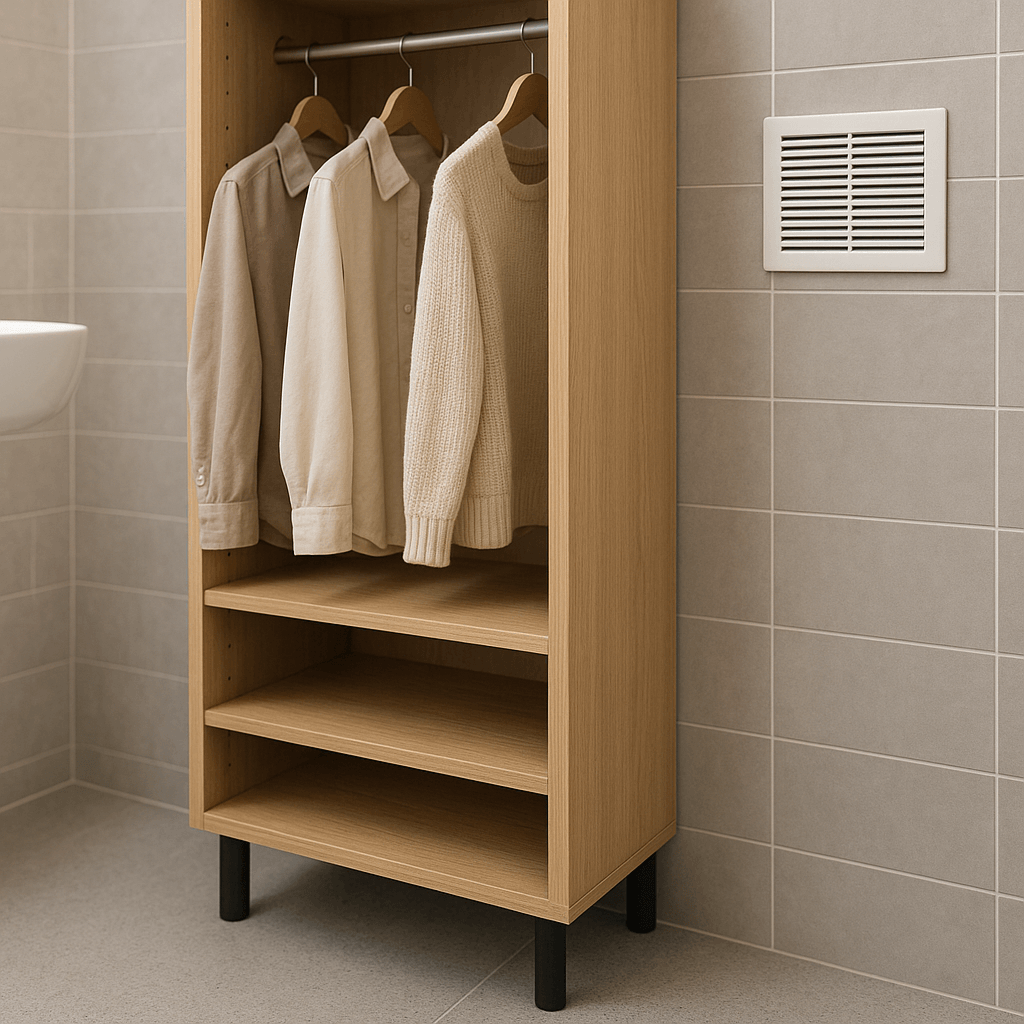 Espace ventilé derrière un meuble de salle de bain avec pieds dégagés et grille d’extraction