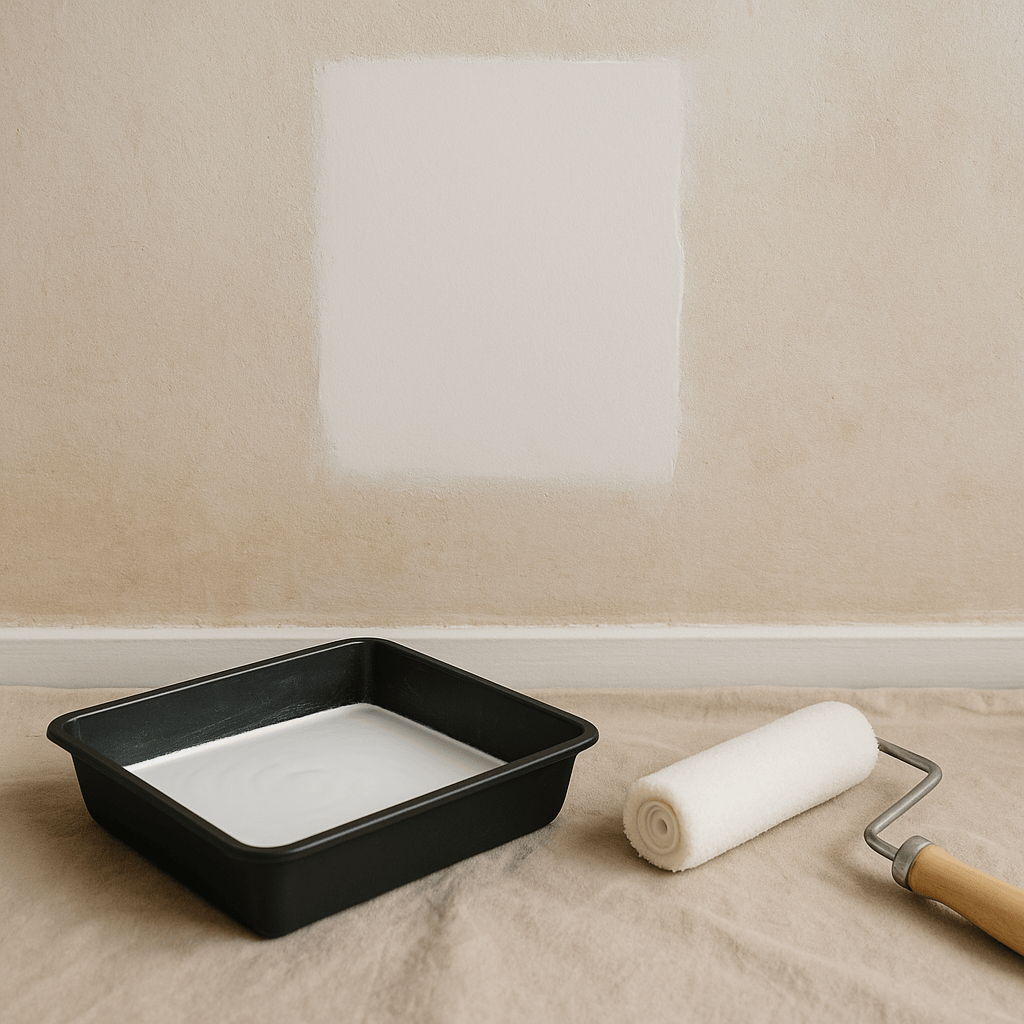 Mur intérieur montrant une surface ancienne tachée à côté d’une zone réparée et uniformisée avant peinture