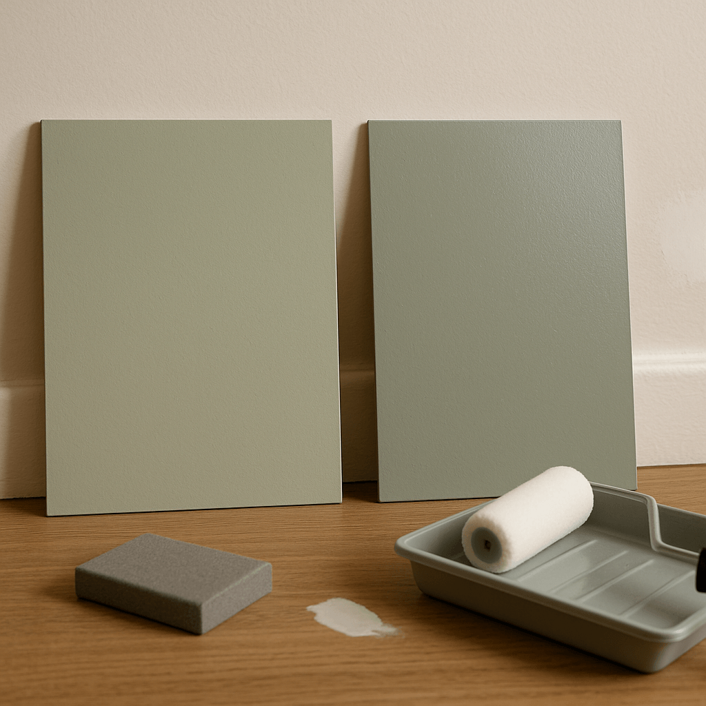 Deux panneaux de peinture mate et veloutée posés près d’un mur préparé avec outils de finition