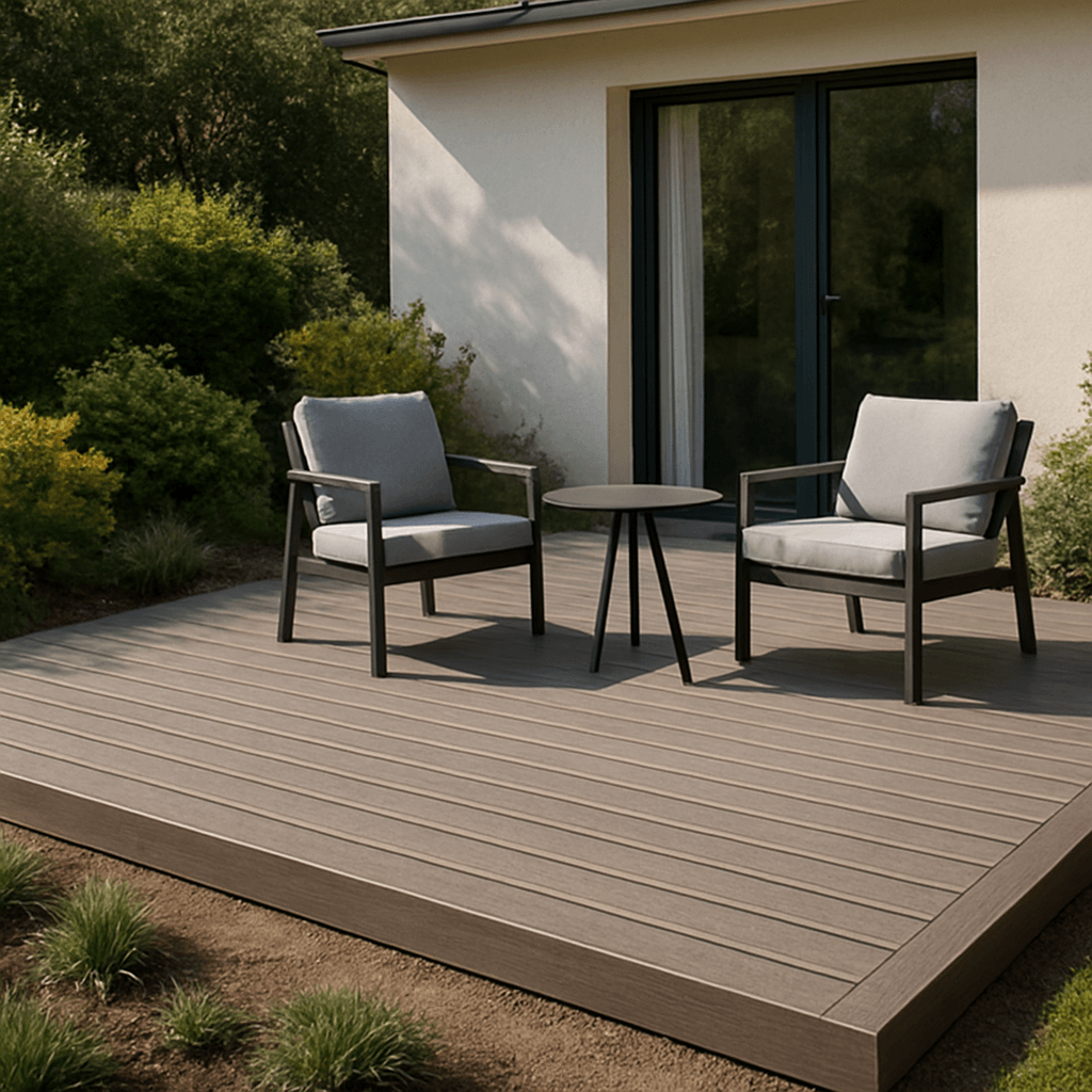 Terrasse composite gris brun installée devant une maison avec mobilier extérieur sobre
