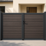 Portail fermé en lames composites horizontales assorti à une clôture devant une maison