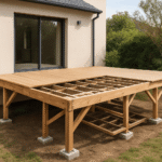Terrasse en bois sur pilotis avec solives, poutres, poteaux et diagonales visibles au-dessus d’un terrain en pente