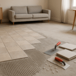 Pièce de vie en rénovation avec sol partiellement carrelé, carreaux et outils de pose