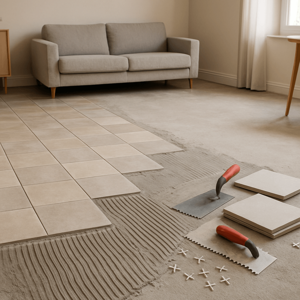 Pièce de vie en rénovation avec sol partiellement carrelé, carreaux et outils de pose