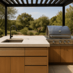 Cuisine d’été avec plan de travail minéral, évier intégré et barbecue sous une pergola