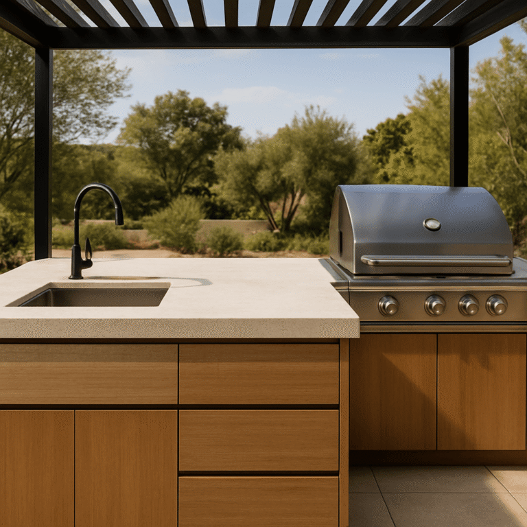 Cuisine d’été avec plan de travail minéral, évier intégré et barbecue sous une pergola