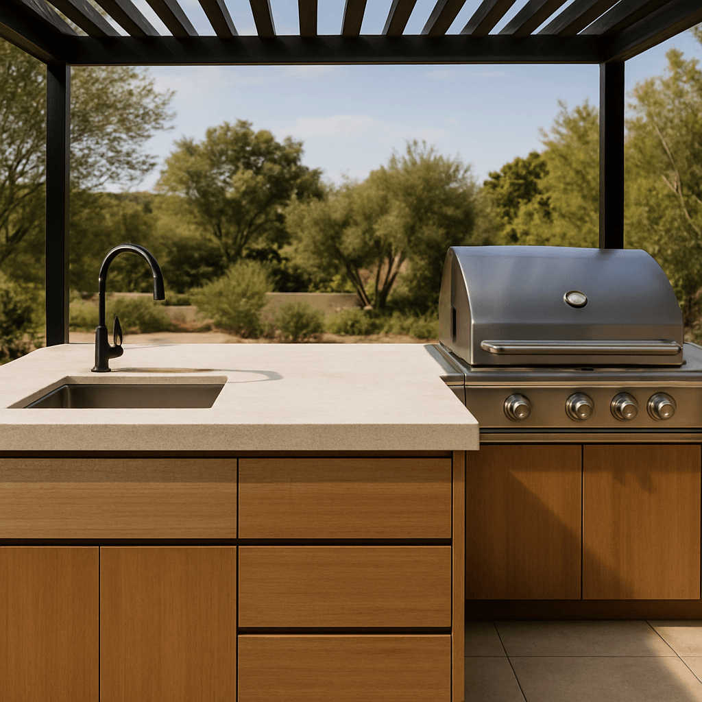 Cuisine d’été avec plan de travail minéral, évier intégré et barbecue sous une pergola