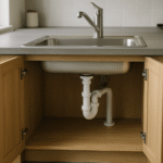 Évier de cuisine installé au-dessus d’un meuble ouvert avec siphon et évacuation visibles