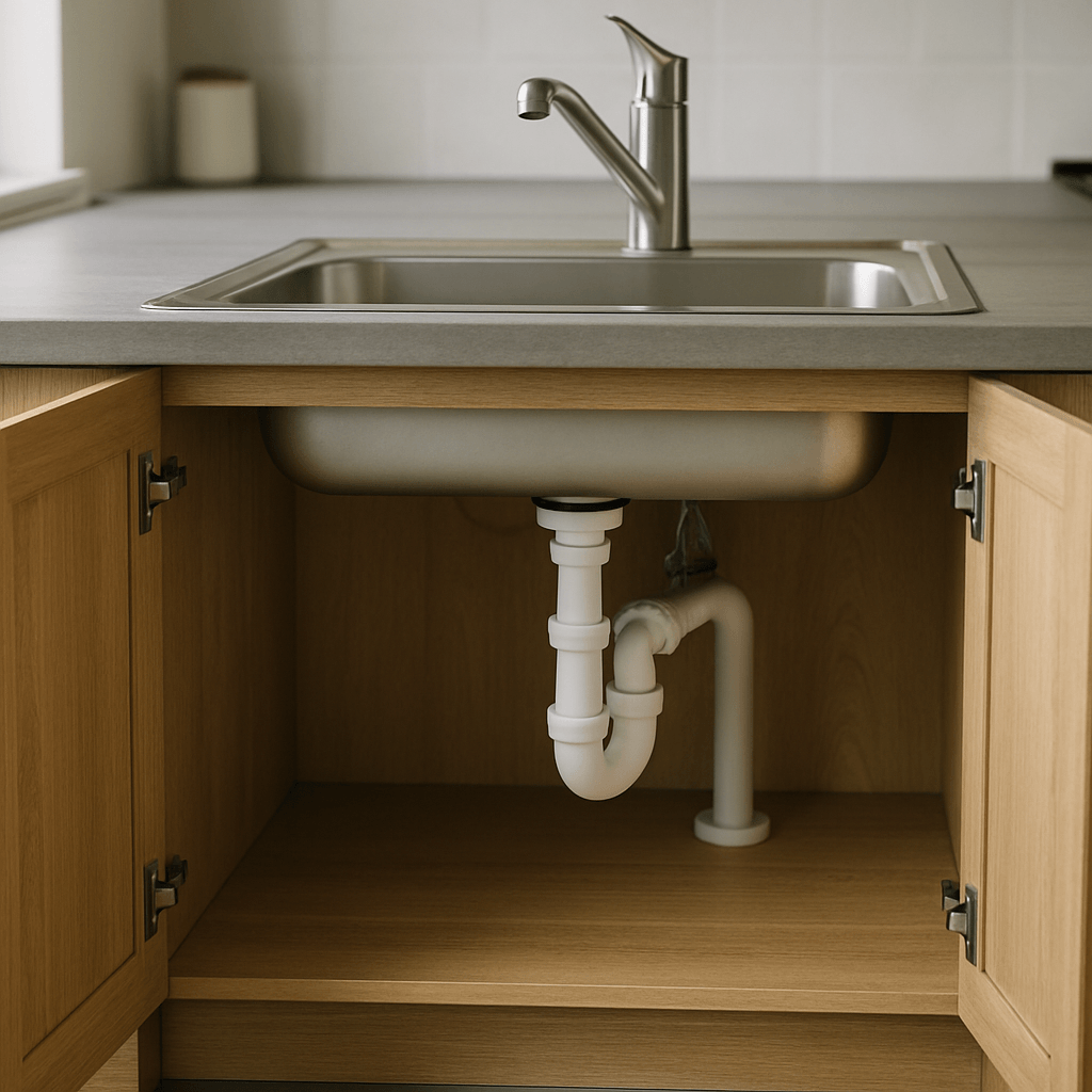 Évier de cuisine installé au-dessus d’un meuble ouvert avec siphon et évacuation visibles