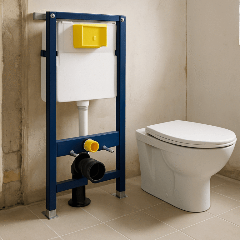 Bâti-support de WC suspendu apparent avec raccord d’évacuation au-dessus d’un sol carrelé fini