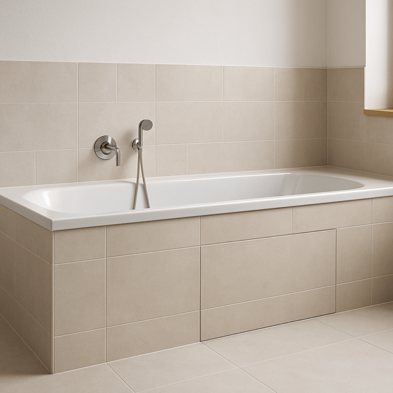 Baignoire carrelée intégrée avec tablier assorti aux murs et trappe de visite discrète