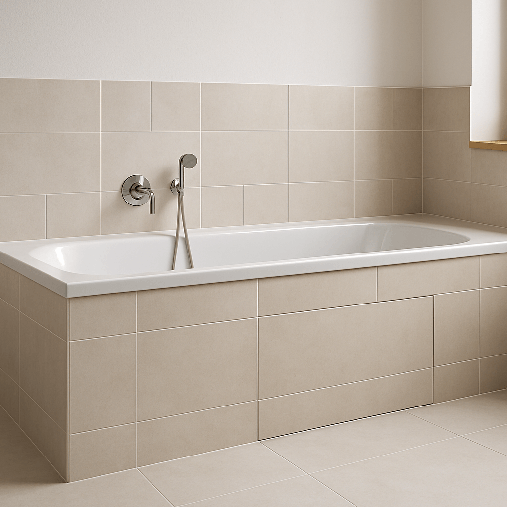 Baignoire carrelée intégrée avec tablier assorti aux murs et trappe de visite discrète