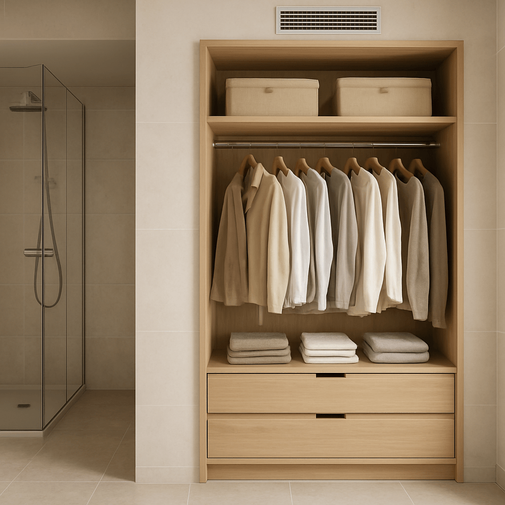 Dressing ouvert éloigné de la douche dans une salle de bain avec ventilation visible