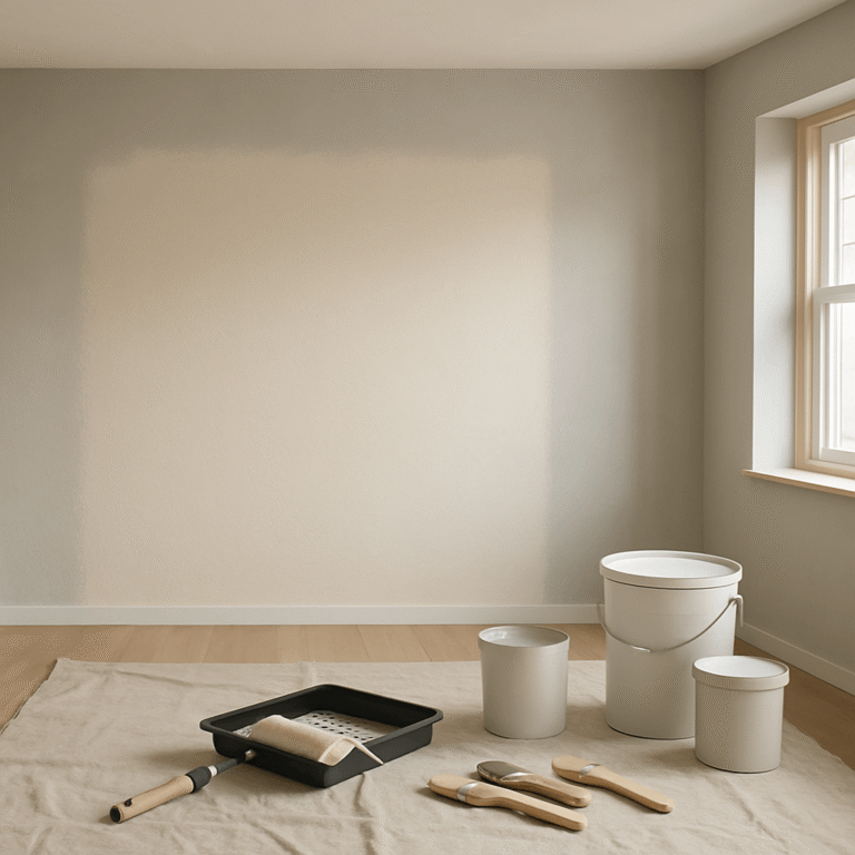Intérieur en rénovation avec mur peint, plafond mat et outils de peinture disposés dans une pièce lumineuse