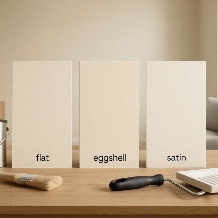 Pièce intérieure avec mur fraîchement peint, échantillons de finitions et outils de peinture posés sur une table
