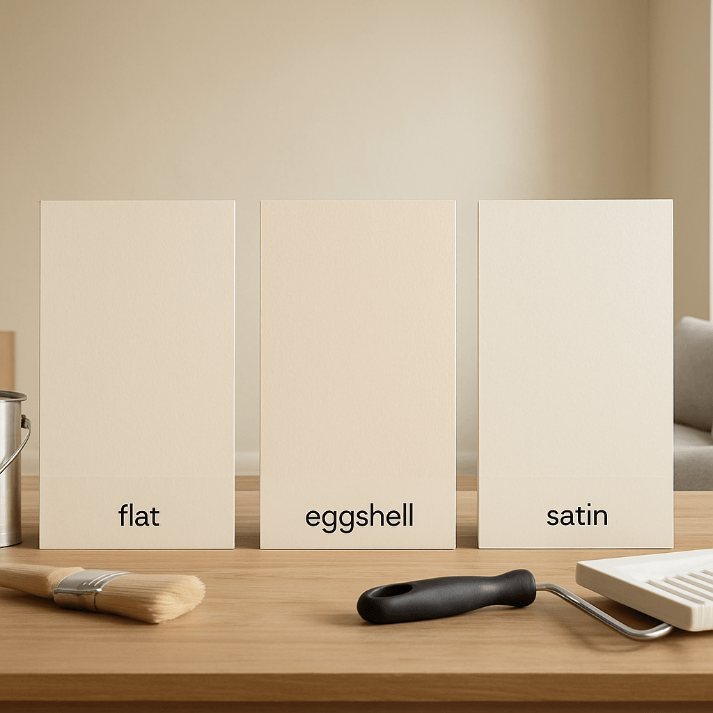 Pièce intérieure avec mur fraîchement peint, échantillons de finitions et outils de peinture posés sur une table