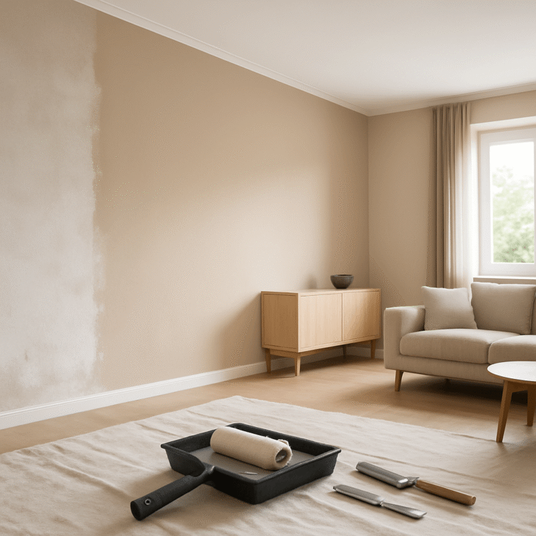 Séjour en rénovation avec plafond mat, murs velours et outils de peinture posés au premier plan