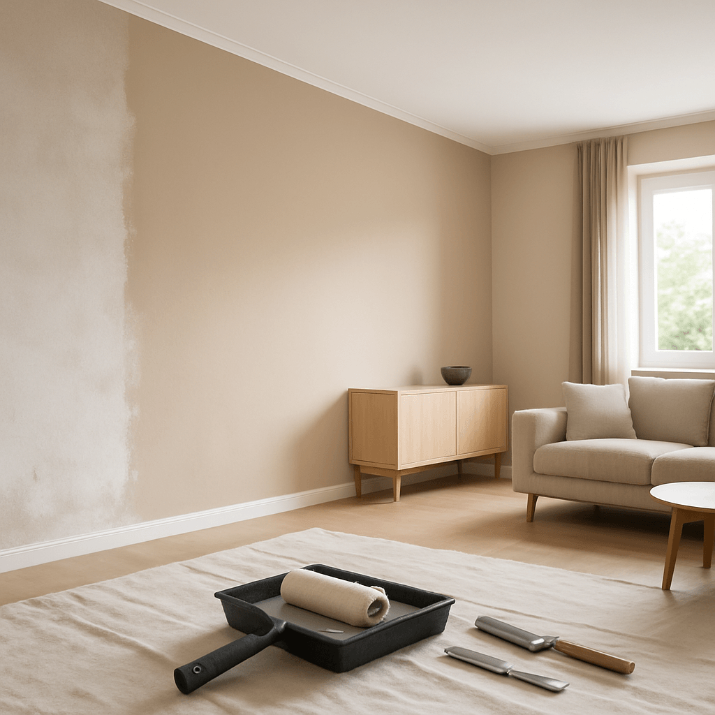 Séjour en rénovation avec plafond mat, murs velours et outils de peinture posés au premier plan