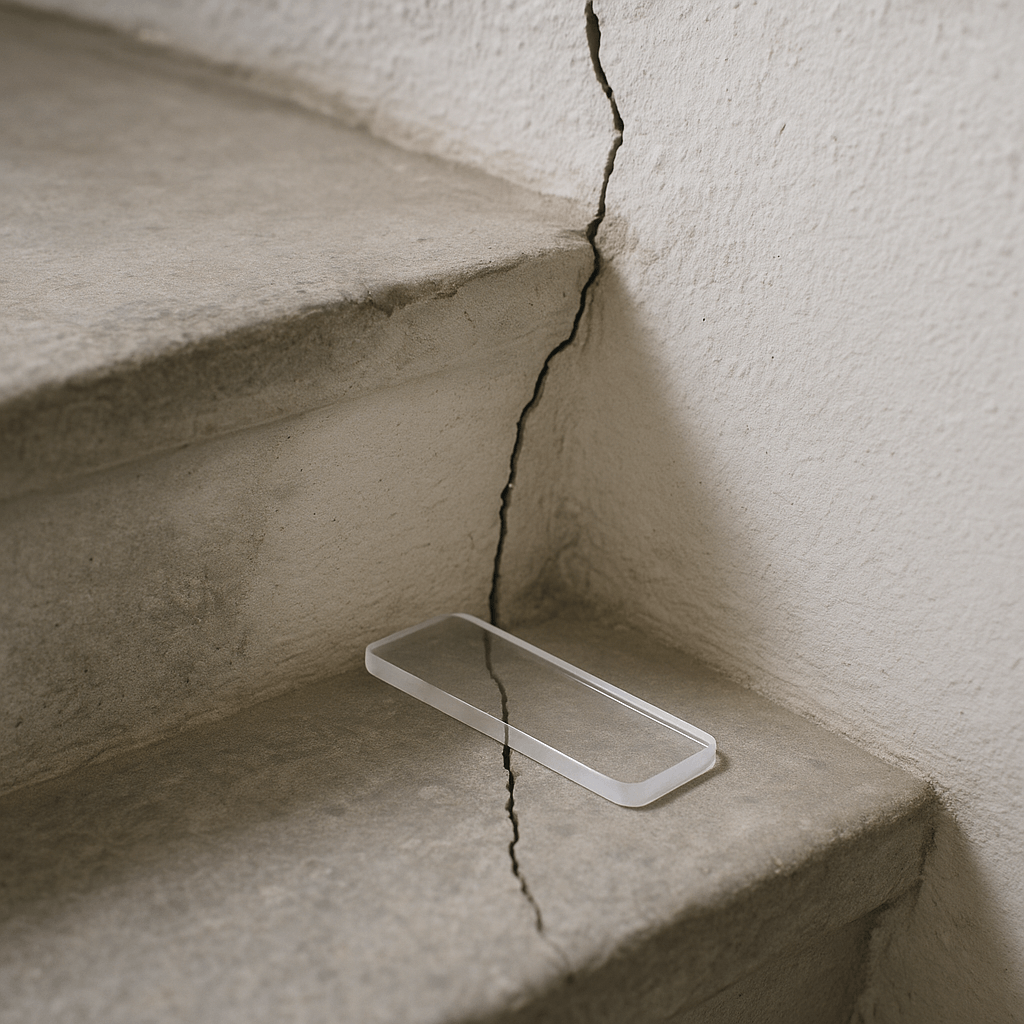 Témoin transparent sans marquage posé sur une fissure à la jonction d’une marche en béton