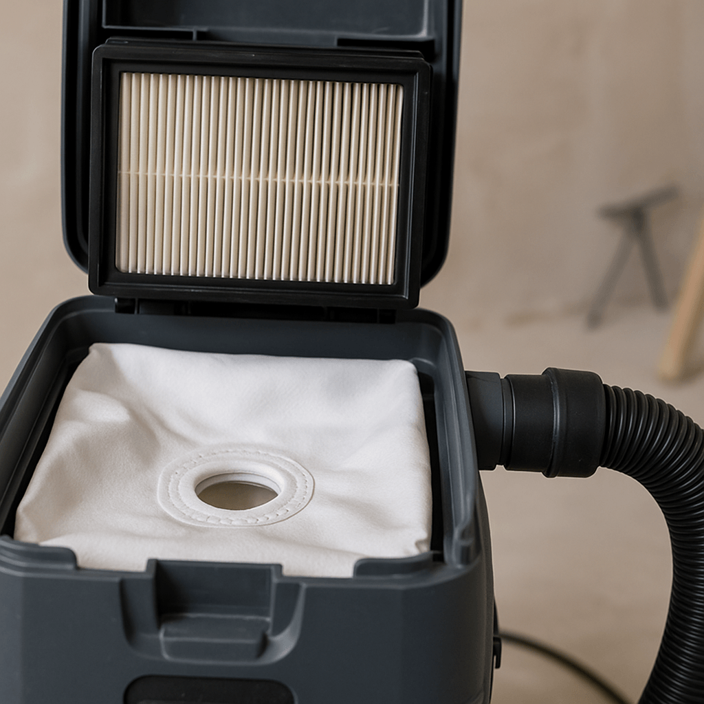 Filtre plissé, sac polaire et flexible raccordé dans un extracteur à poussières arrêté