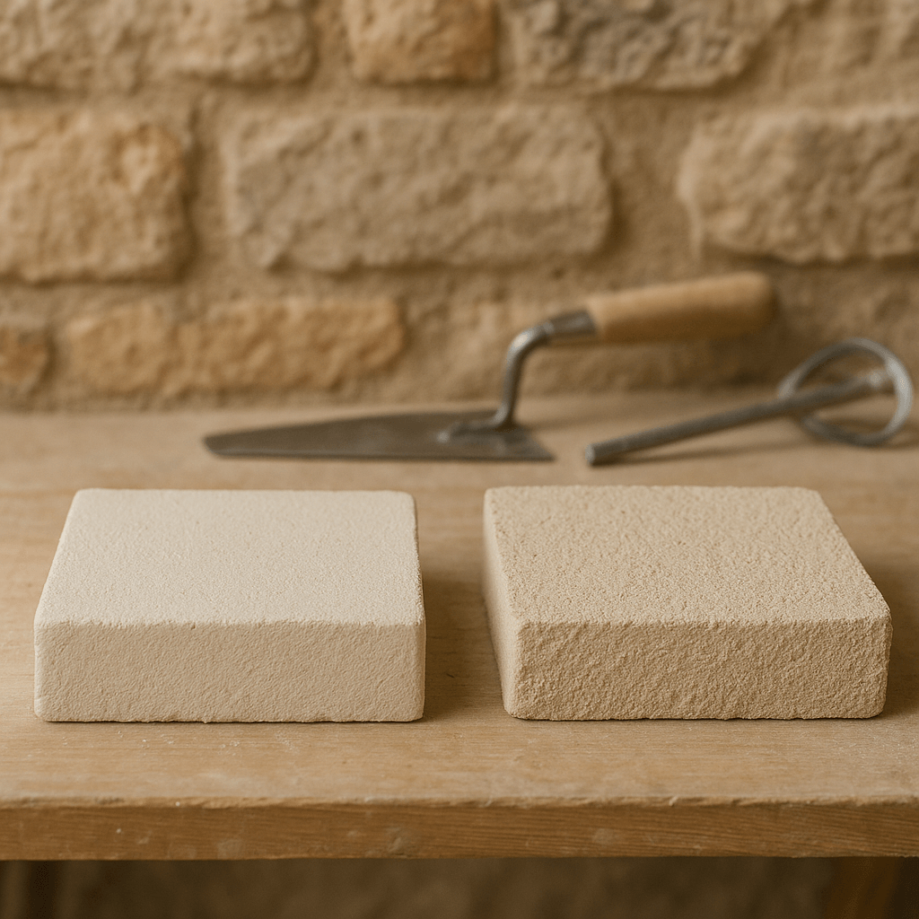 Deux échantillons d’enduit à la chaux de textures différentes posés devant une maçonnerie ancienne