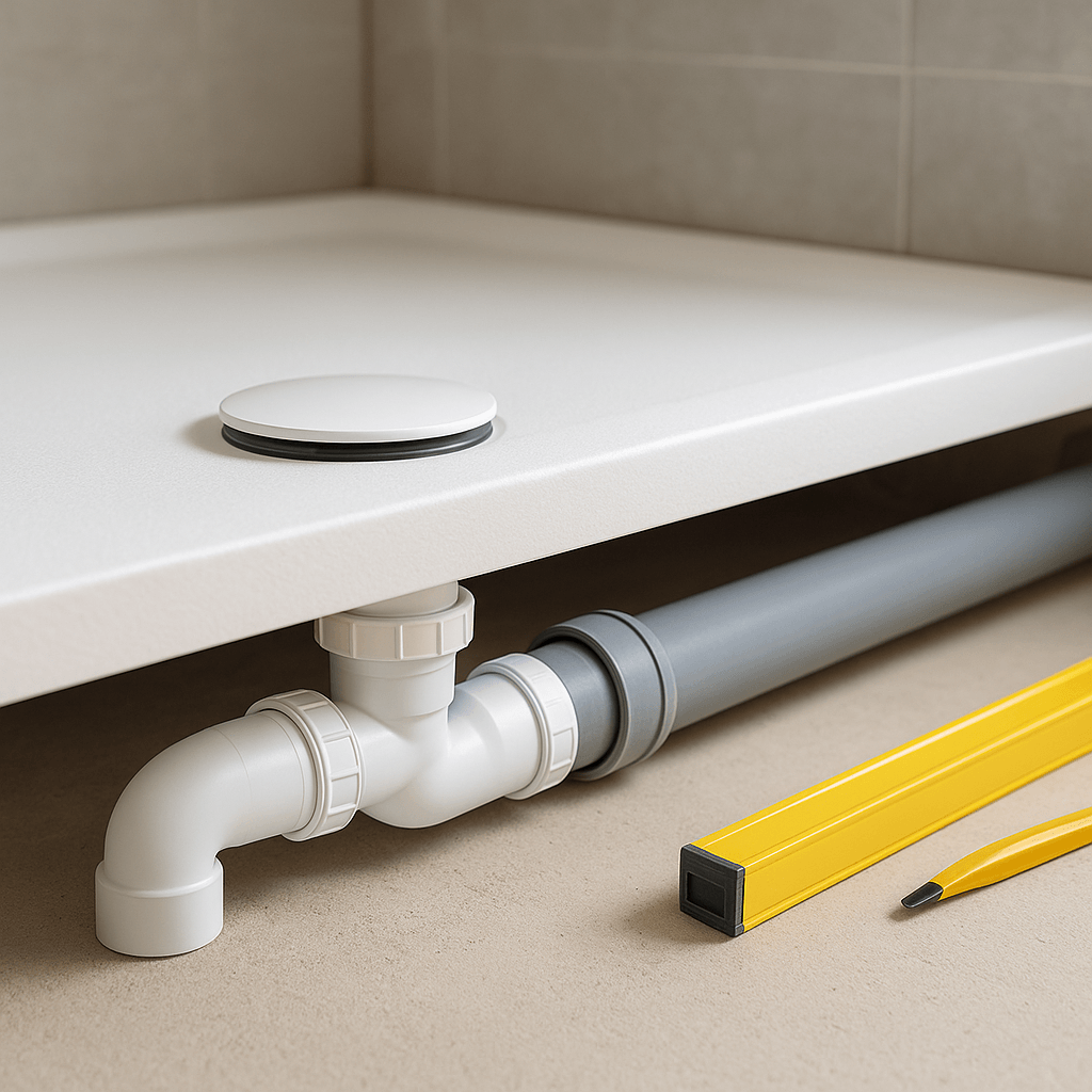 Bonde de douche raccordée à une canalisation sous un receveur posé sur un support rigide
