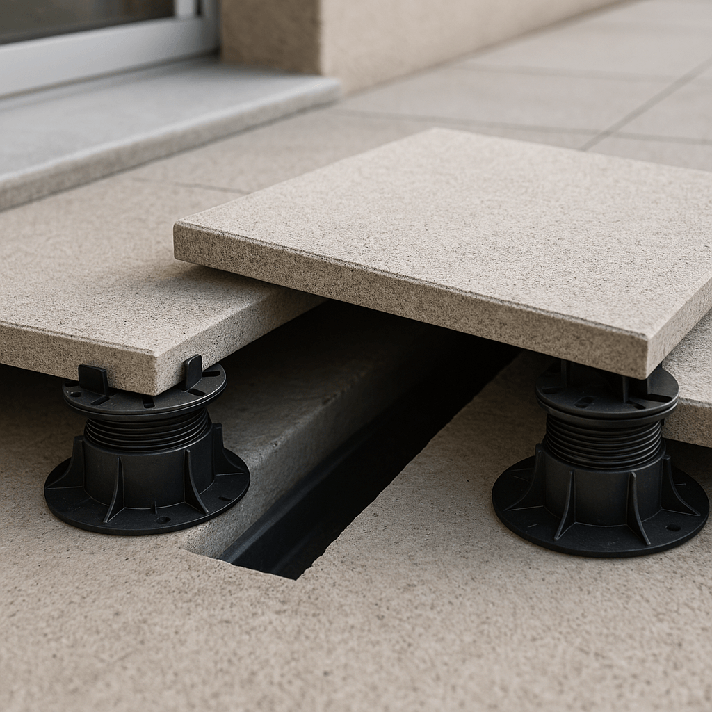 Dalle de terrasse retirée montrant des plots réglables et un passage dégagé vers un caniveau