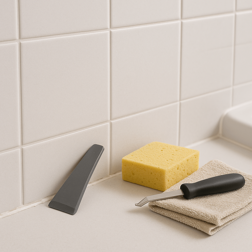Carrelage de salle de bain nettoyé et maté avec silicone retiré avant peinture