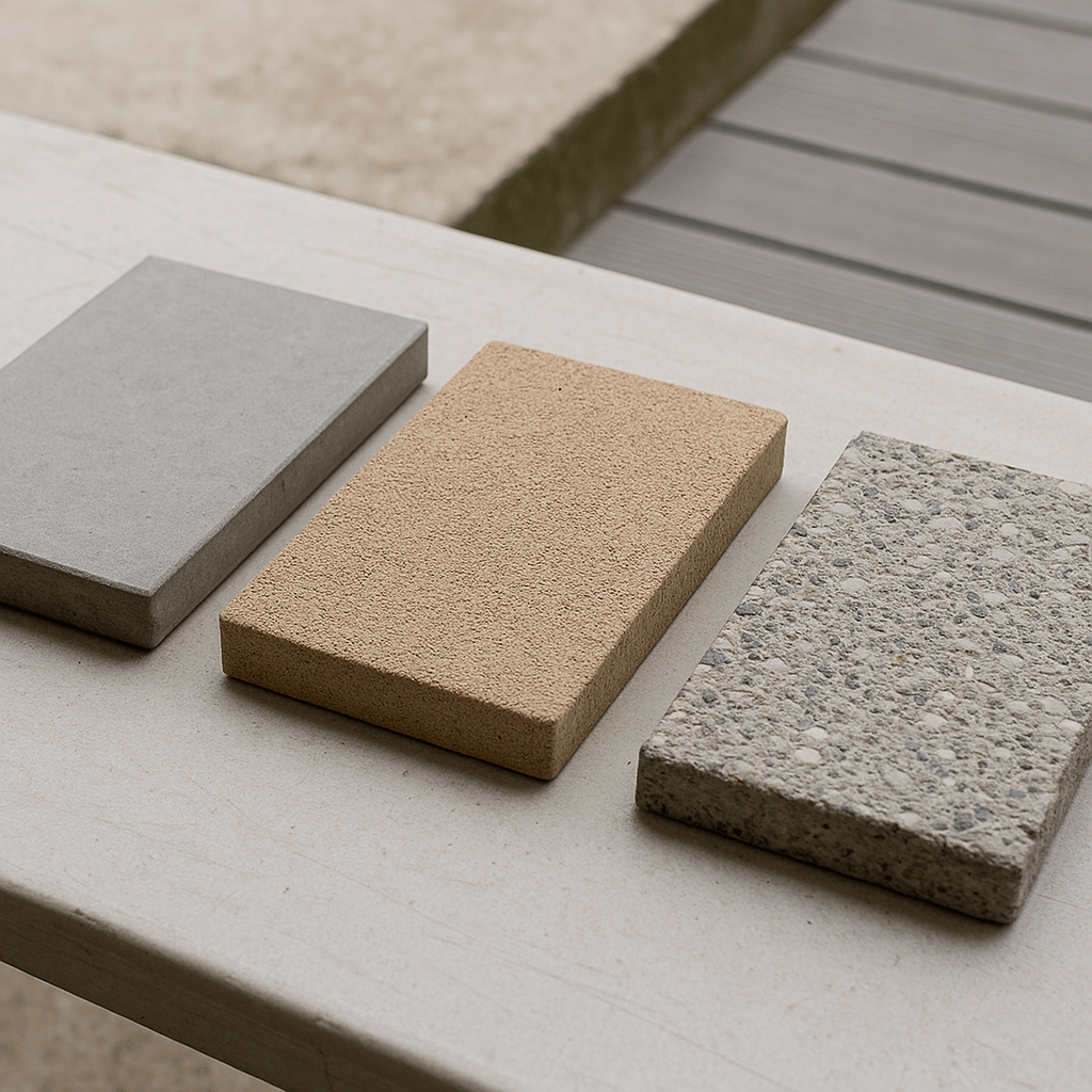 Trois échantillons de revêtements résine aux textures différentes posés près d’une terrasse en béton