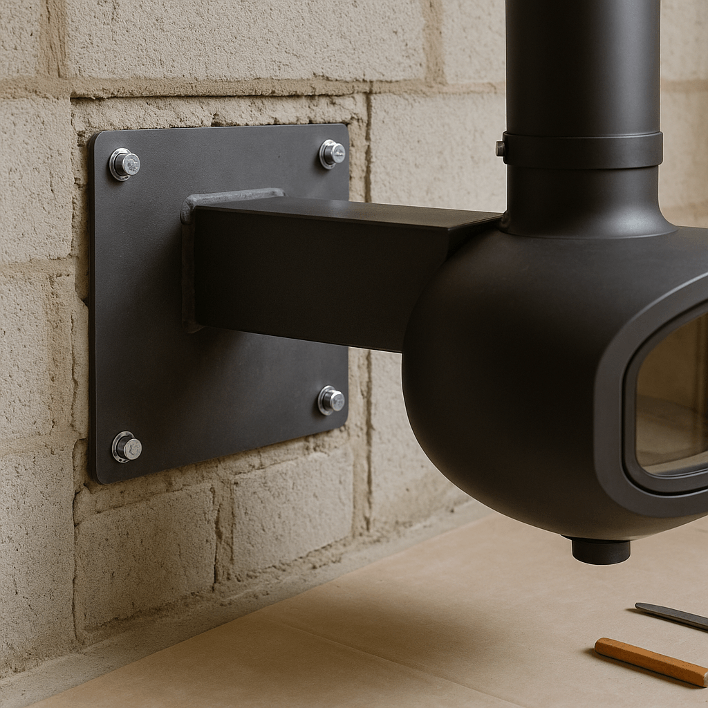Détail d’une platine d’ancrage et d’un support de conduit visibles sur un mur ouvert