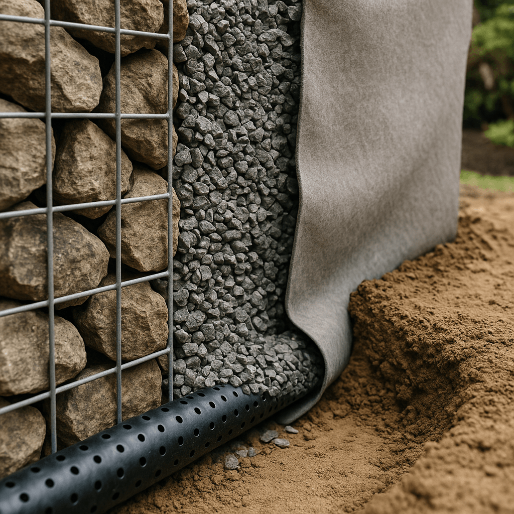 Drain perforé et couche de gravier visibles derrière un mur de soutènement en gabions