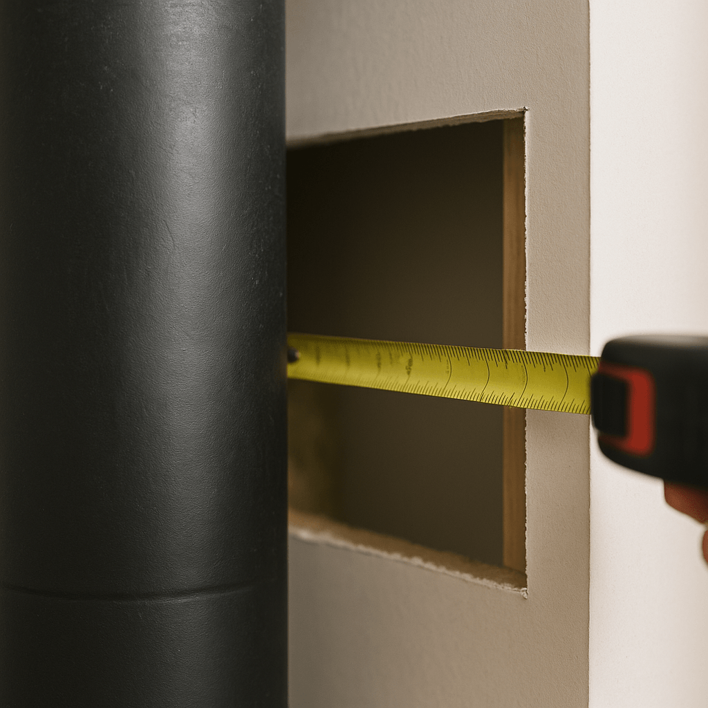 Mètre ruban positionné entre un conduit métallique et la surface d’un mur en plaques de plâtre