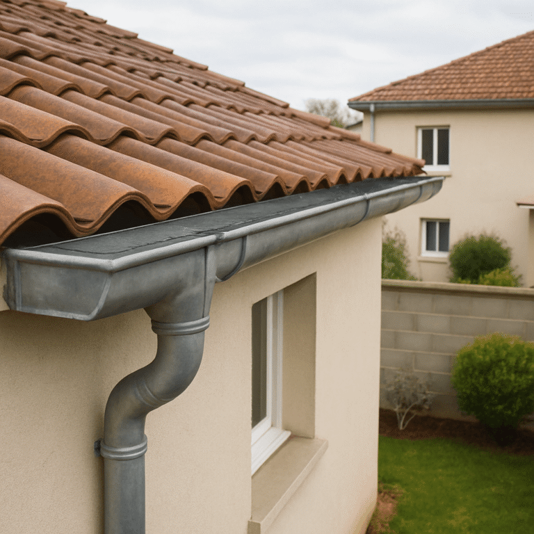 Chéneau et descente de toiture installés du côté d’une maison en limite de propriété