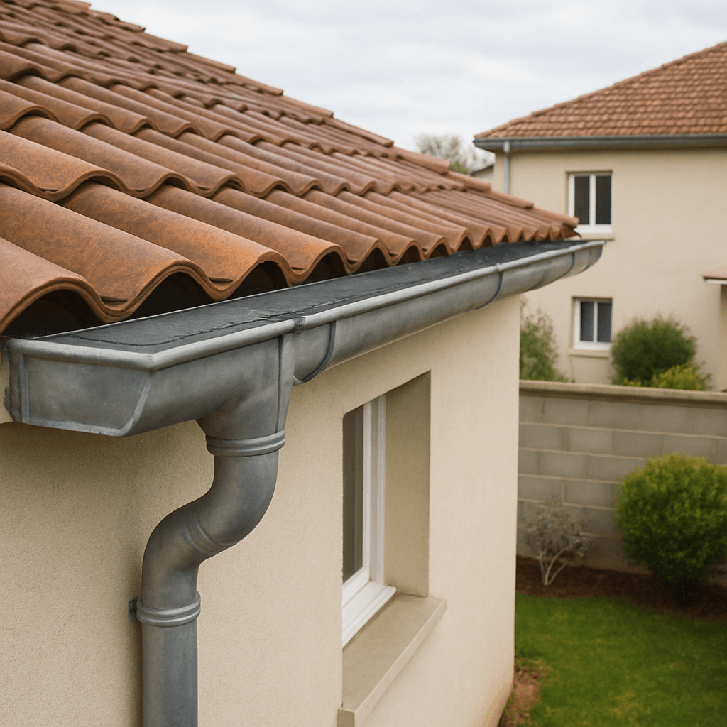 Chéneau et descente de toiture installés du côté d’une maison en limite de propriété