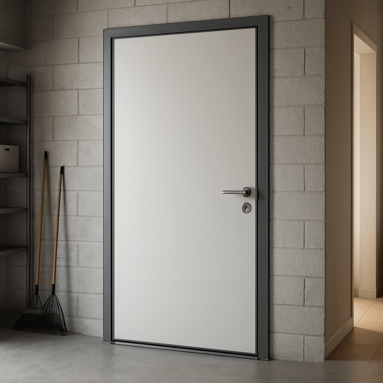 Porte isolée fermée entre un garage résidentiel et l’entrée de la maison