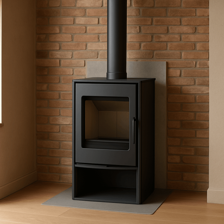 Poêle à bois éteint devant un mur maçonné avec protection thermique ventilée et conduit métallique