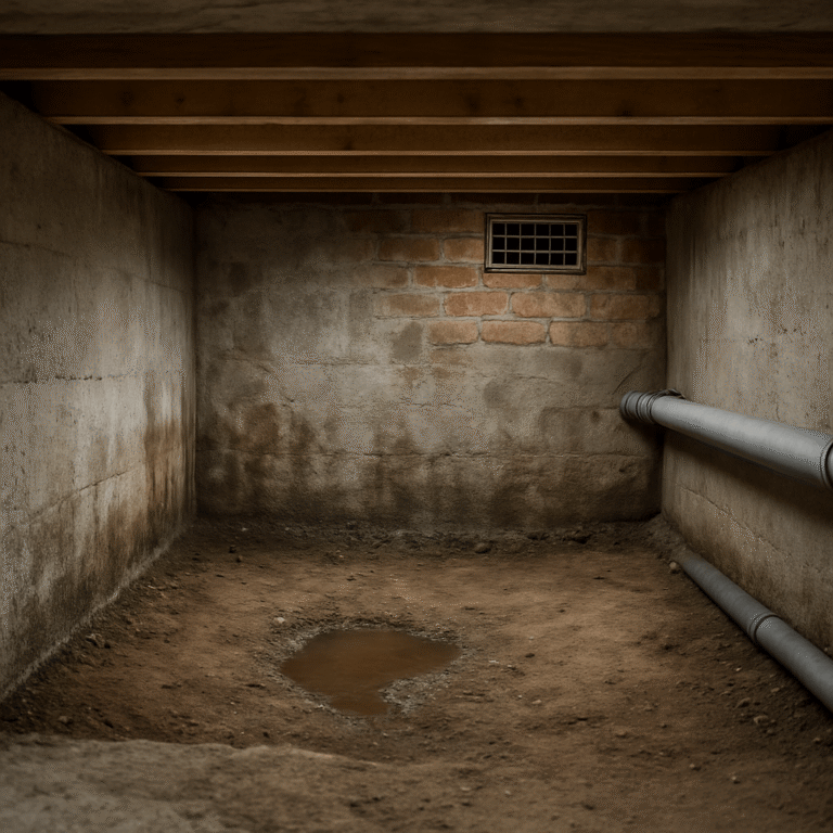 Vide sanitaire avec parois humides, sol localement mouillé, canalisation apparente et grille de ventilation
