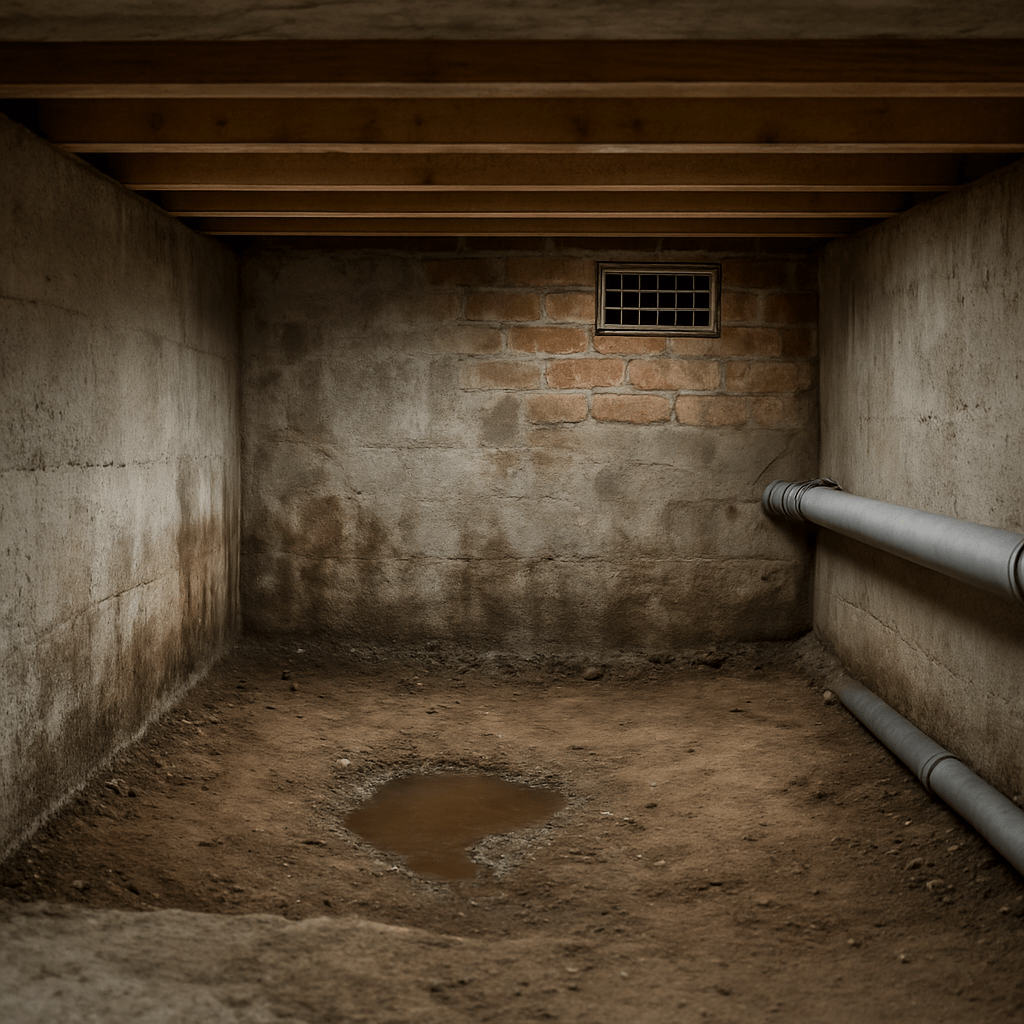 Vide sanitaire avec parois humides, sol localement mouillé, canalisation apparente et grille de ventilation