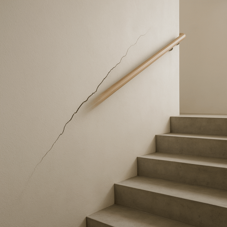 Fissure visible sur le mur adjacent et le palier d’un escalier intérieur en béton