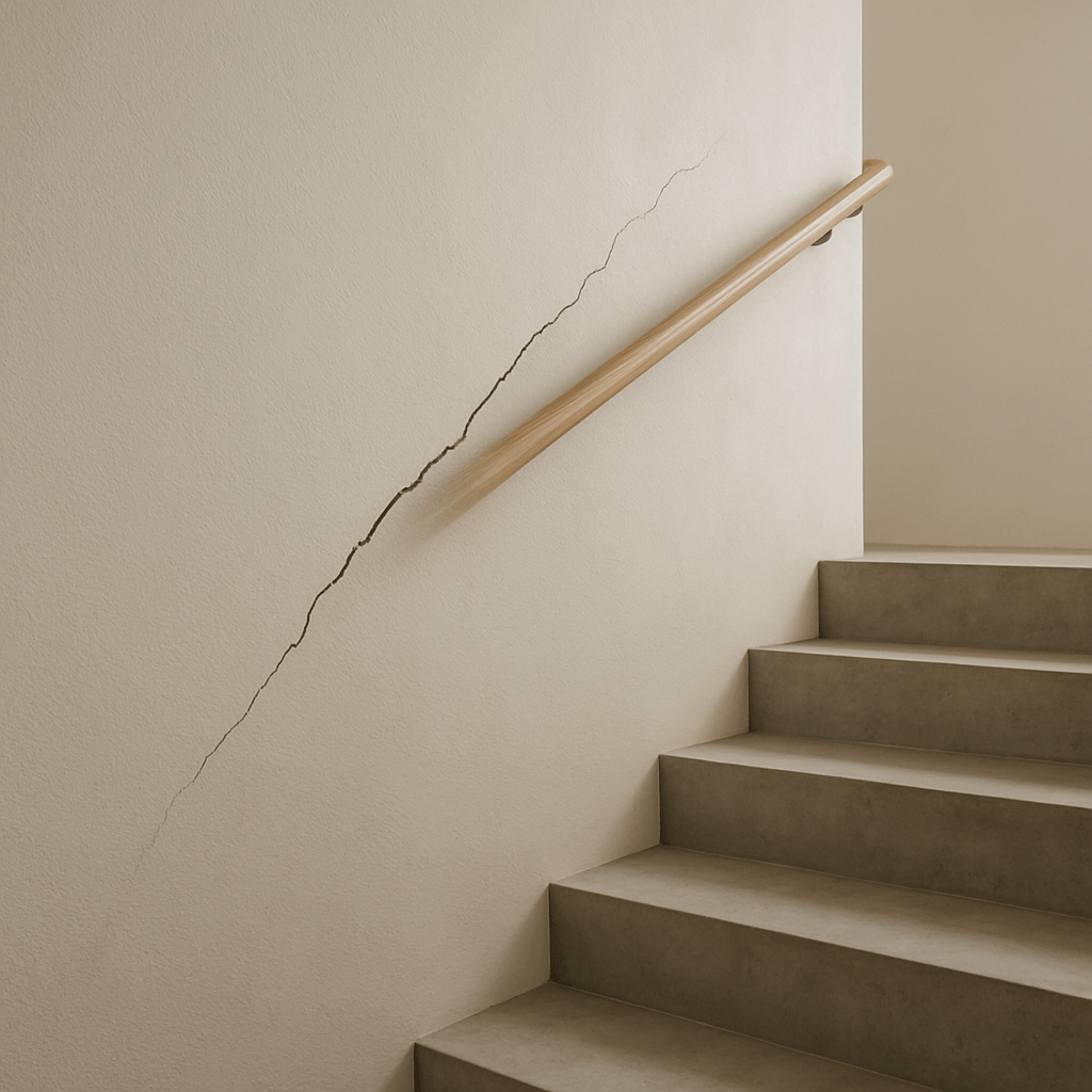 Fissure visible sur le mur adjacent et le palier d’un escalier intérieur en béton