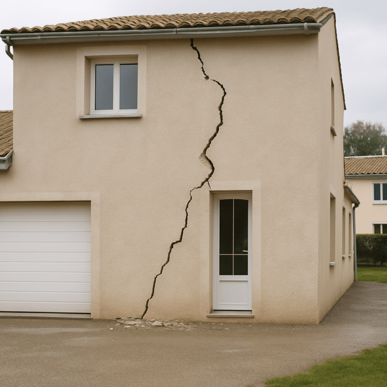Fissure irrégulière avec décalage visible sur la façade enduite d’une maison