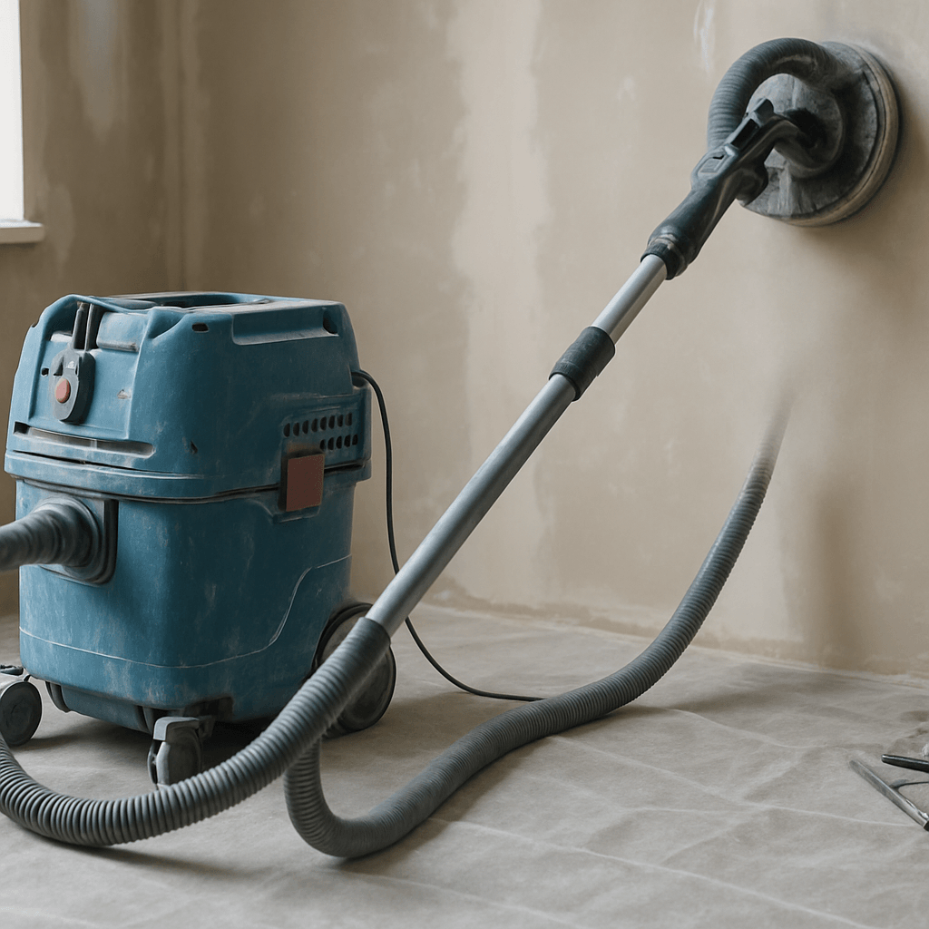 Extracteur de chantier raccordé à une ponceuse pour capter la poussière de plâtre