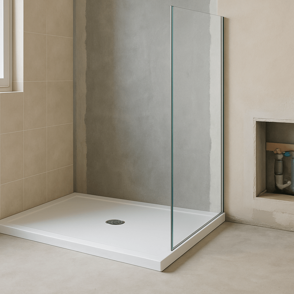 Receveur de douche minéral installé dans une salle de bains en rénovation avec bonde et étanchéité visibles
