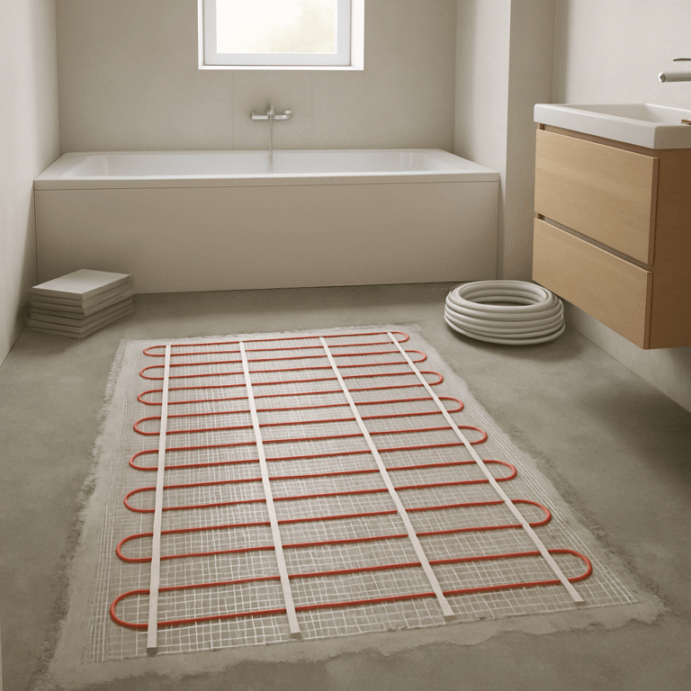 Salle de bain en rénovation avec trame chauffante électrique posée sur le sol avant le carrelage