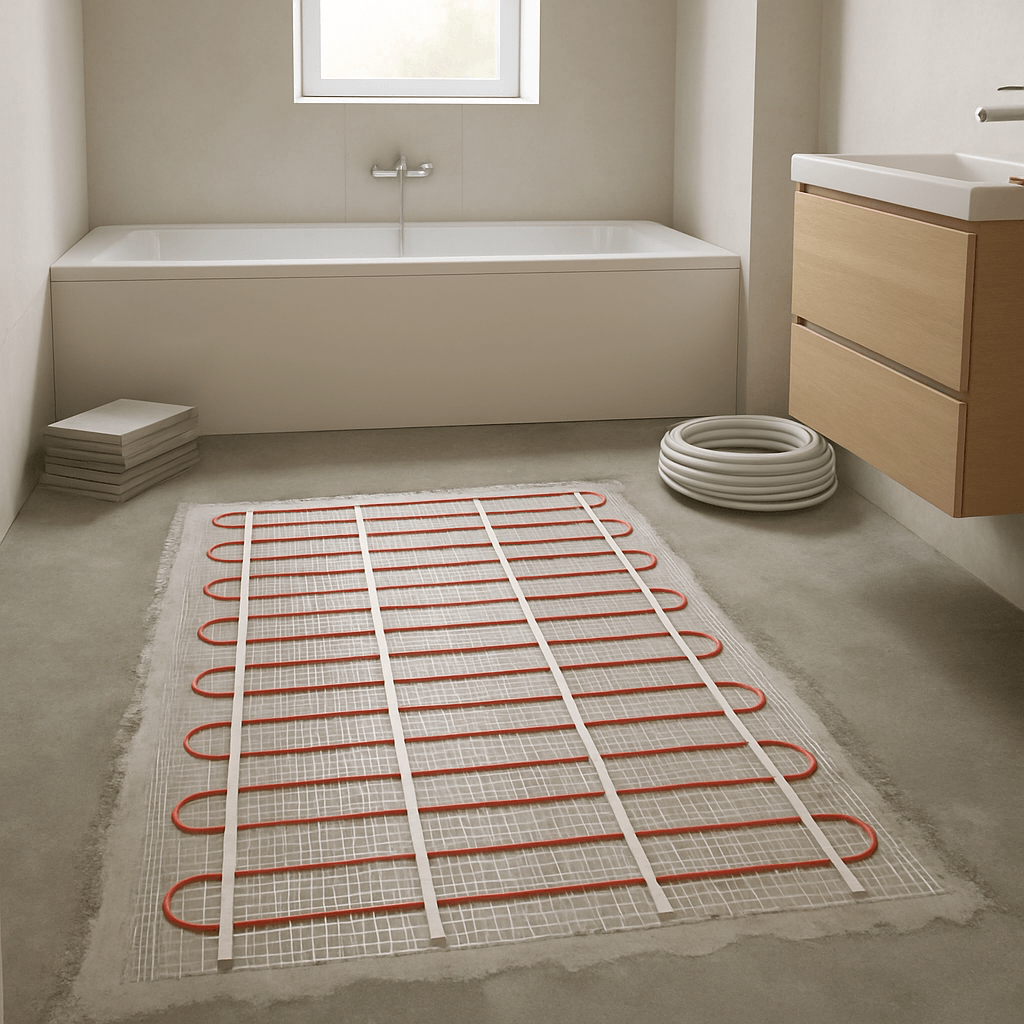 Salle de bain en rénovation avec trame chauffante électrique posée sur le sol avant le carrelage