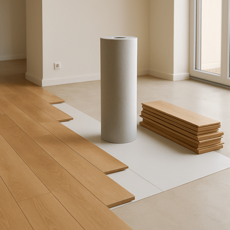 Lames de parquet et rouleau de sous-couche dans une pièce en cours de rénovation