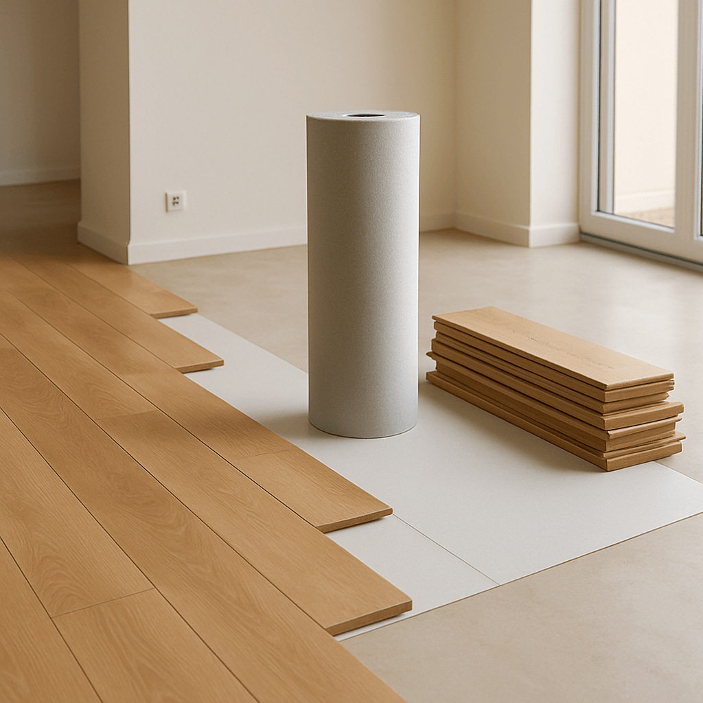 Lames de parquet et rouleau de sous-couche dans une pièce en cours de rénovation